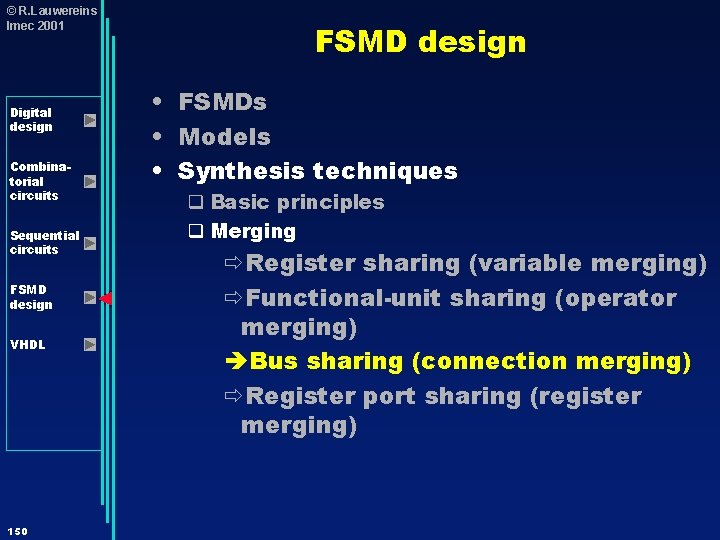 © R. Lauwereins Imec 2001 Digital design Combinatorial circuits Sequential circuits FSMD design VHDL