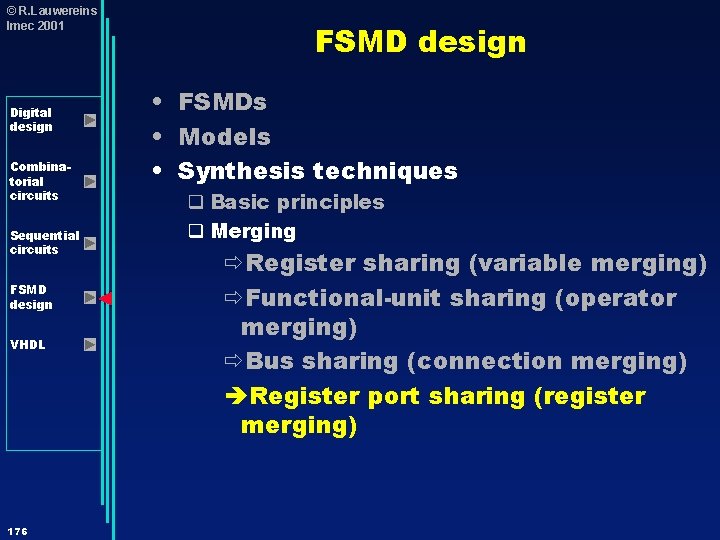 © R. Lauwereins Imec 2001 Digital design Combinatorial circuits Sequential circuits FSMD design VHDL