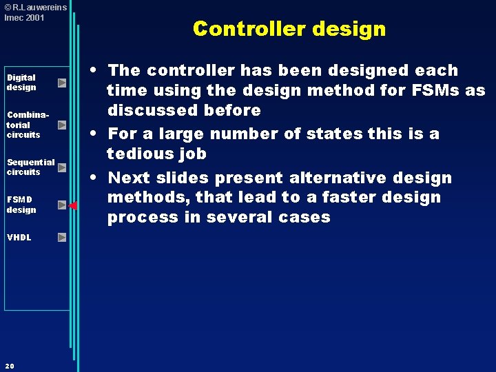 © R. Lauwereins Imec 2001 Digital design Combinatorial circuits Sequential circuits FSMD design VHDL