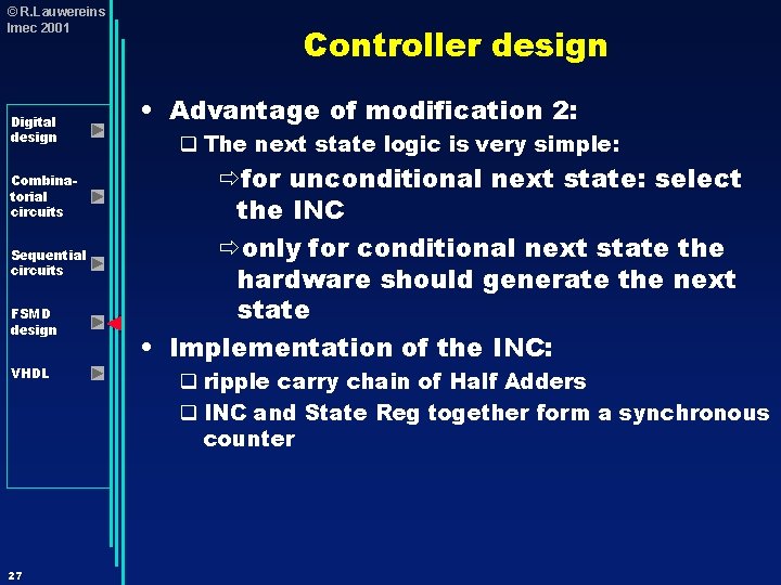 © R. Lauwereins Imec 2001 Digital design Combinatorial circuits Sequential circuits FSMD design VHDL