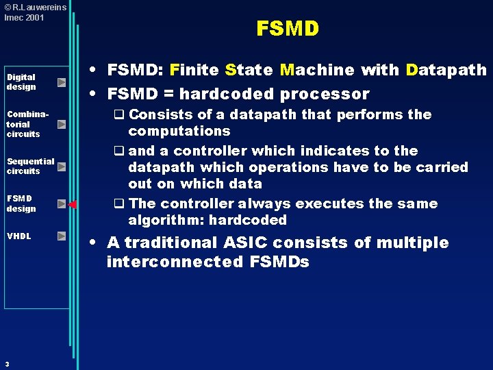 © R. Lauwereins Imec 2001 Digital design Combinatorial circuits Sequential circuits FSMD design VHDL