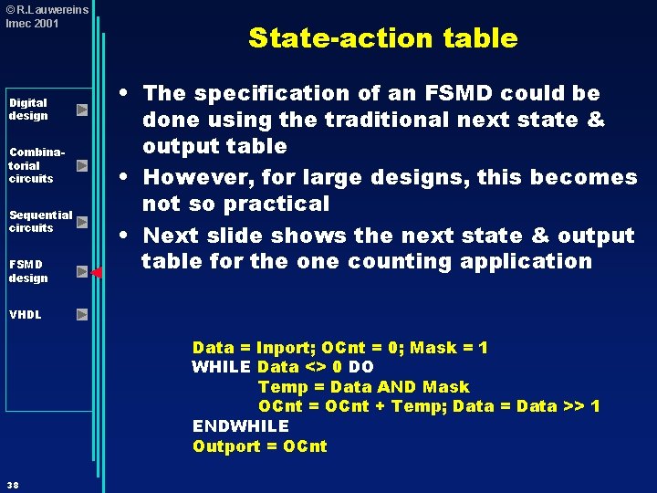 © R. Lauwereins Imec 2001 Digital design Combinatorial circuits Sequential circuits FSMD design State-action