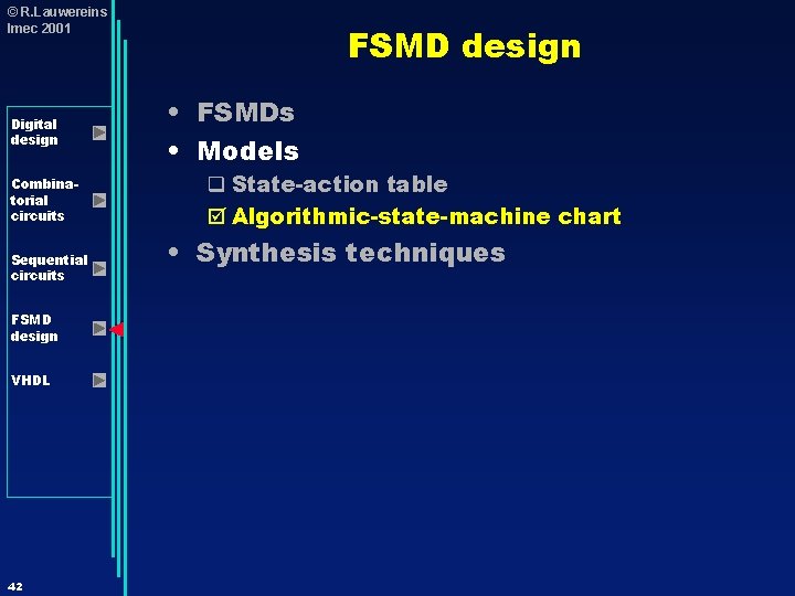 © R. Lauwereins Imec 2001 Digital design Combinatorial circuits Sequential circuits FSMD design VHDL