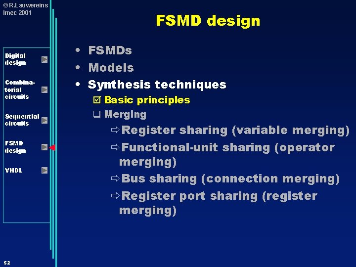 © R. Lauwereins Imec 2001 Digital design Combinatorial circuits Sequential circuits FSMD design VHDL