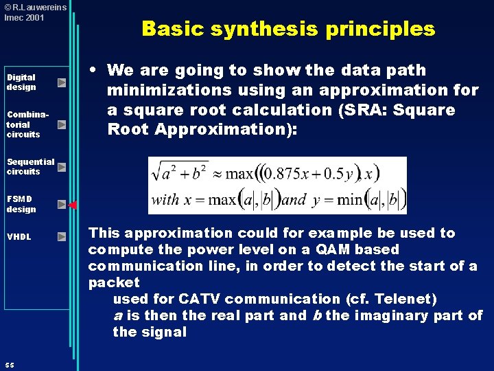 © R. Lauwereins Imec 2001 Digital design Combinatorial circuits Basic synthesis principles • We