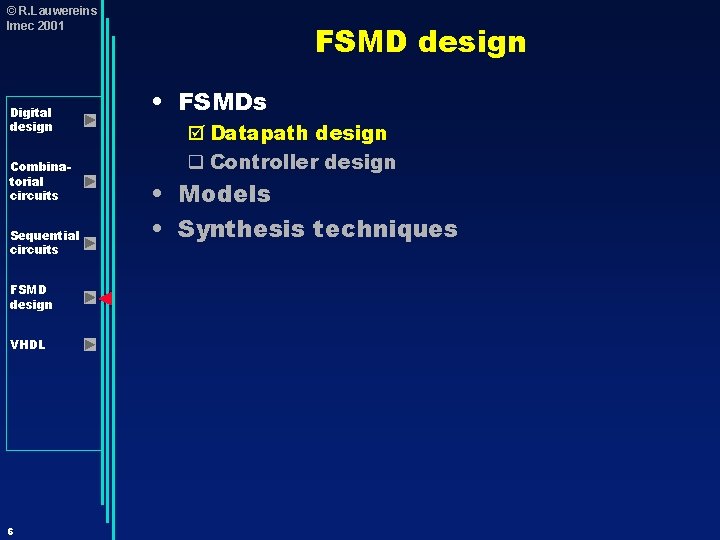 © R. Lauwereins Imec 2001 Digital design Combinatorial circuits Sequential circuits FSMD design VHDL