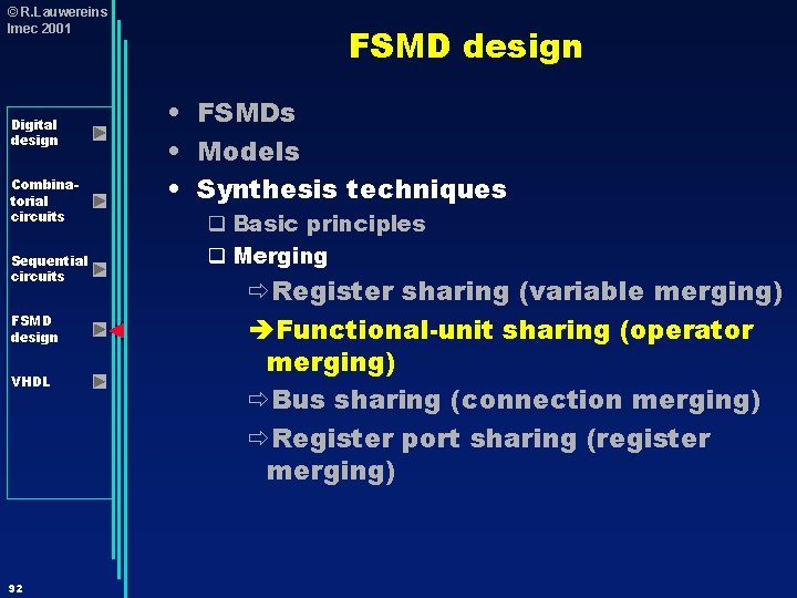 © R. Lauwereins Imec 2001 Digital design Combinatorial circuits Sequential circuits FSMD design VHDL