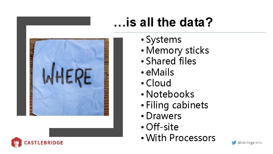 …is all the data? • Systems • Memory sticks • Shared files • e.