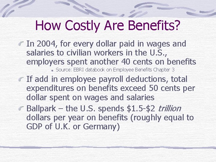 How Costly Are Benefits? In 2004, for every dollar paid in wages and salaries