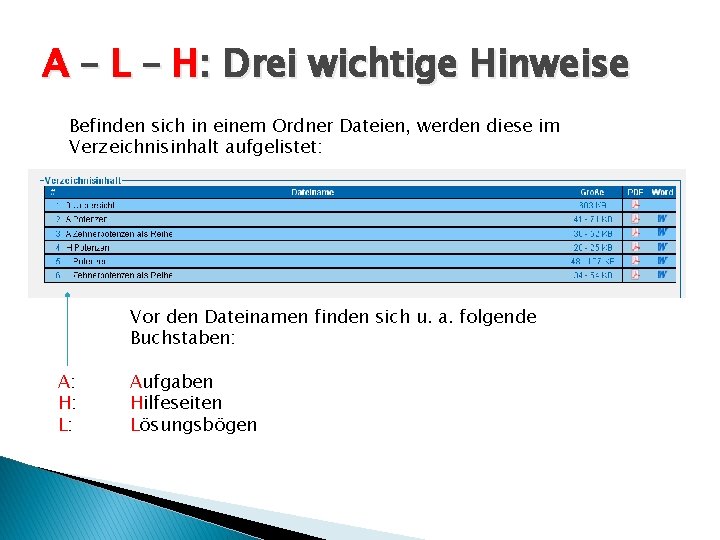 A – L – H: Drei wichtige Hinweise Befinden sich in einem Ordner Dateien,