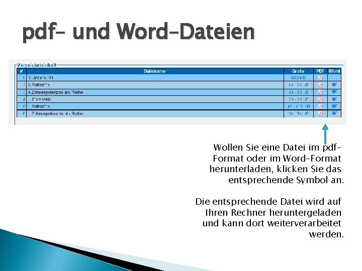 pdf– und Word–Dateien Wollen Sie eine Datei im pdf– Format oder im Word–Format herunterladen,