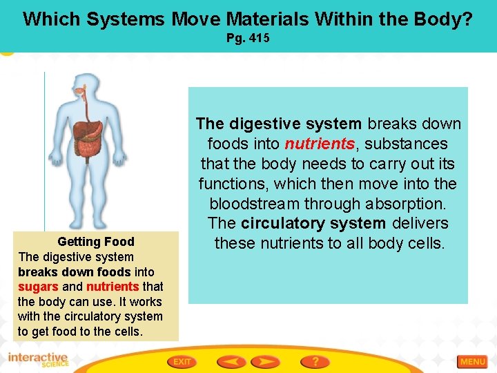 Which Systems Move Materials Within the Body? Pg. 415 Getting Food The digestive system