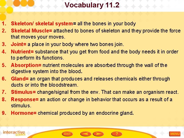 Vocabulary 11. 2 1. Skeleton/ skeletal system= all the bones in your body 2.