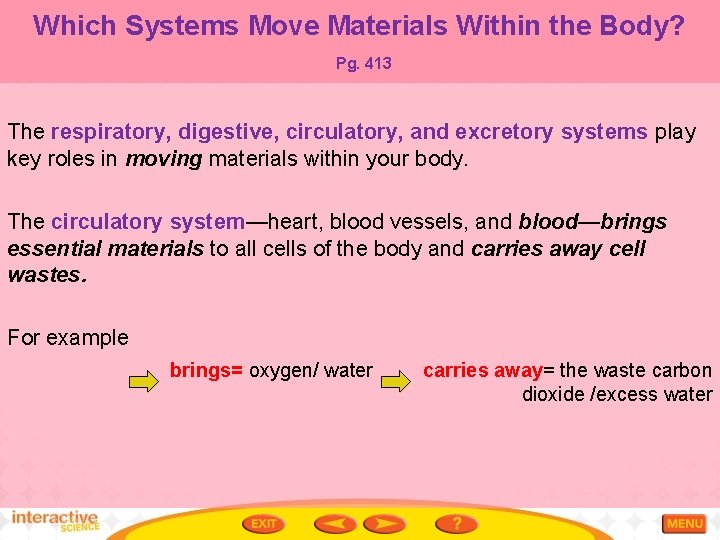 Which Systems Move Materials Within the Body? Pg. 413 The respiratory, digestive, circulatory, and
