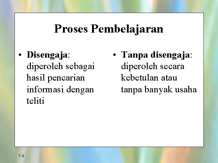 Proses Pembelajaran • Disengaja: diperoleh sebagai hasil pencarian informasi dengan teliti 7 -6 •