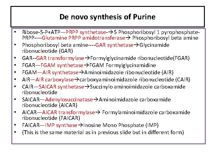 De novo synthesis of Purine • Ribose-5 -P+ATP—PRPP synthetase- 5 Phosphoribosyl 1 pyrophosphate. PRPP----Glutamine