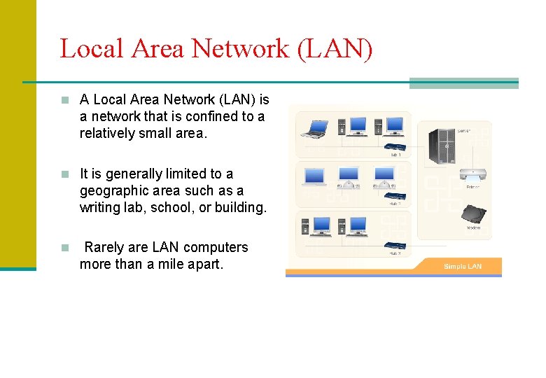 Local Area Network (LAN) n A Local Area Network (LAN) is a network that