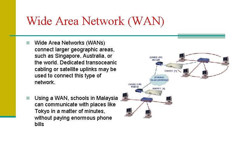 Wide Area Network (WAN) n Wide Area Networks (WANs) connect larger geographic areas, such