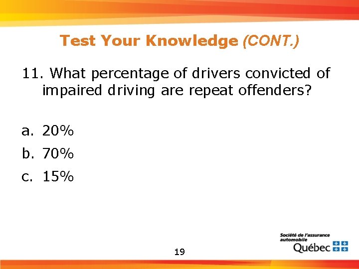 Test Your Knowledge (CONT. ) 11. What percentage of drivers convicted of impaired driving