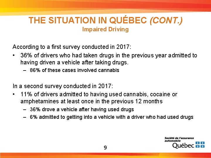 THE SITUATION IN QUÉBEC (CONT. ) Impaired Driving According to a first survey conducted