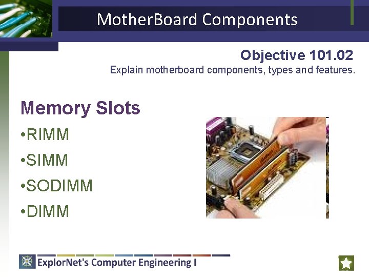 Mother. Board Components Objective 101. 02 Explain motherboard components, types and features. Memory Slots