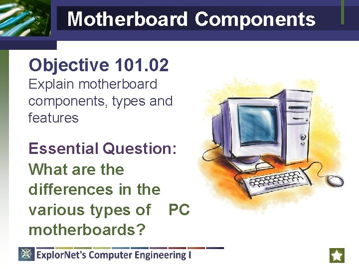 Motherboard Components Objective 101. 02 Explain motherboard components, types and features Essential Question: What