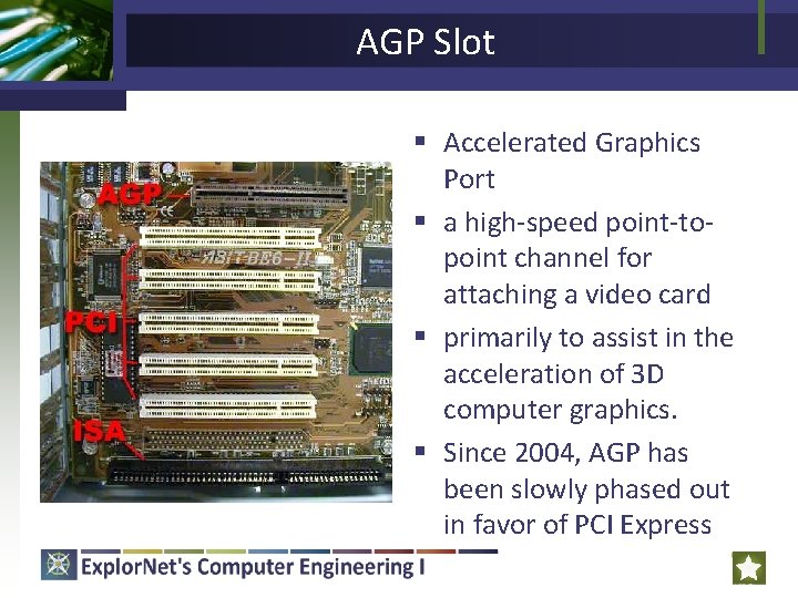 AGP Slot § Accelerated Graphics Port § a high-speed point-topoint channel for attaching a