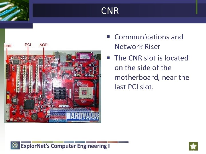 CNR § Communications and Network Riser § The CNR slot is located on the