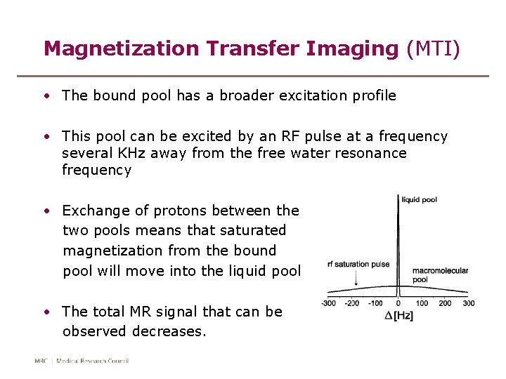 Magnetization Transfer Imaging (MTI) • The bound pool has a broader excitation profile •