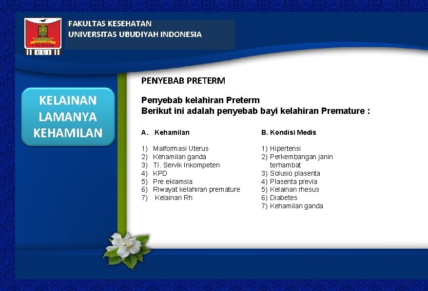 FAKULTAS KESEHATAN UNIVERSITAS UBUDIYAH INDONESIA PENYEBAB PRETERM KELAINAN LAMANYA KEHAMILAN Penyebab kelahiran Preterm Berikut