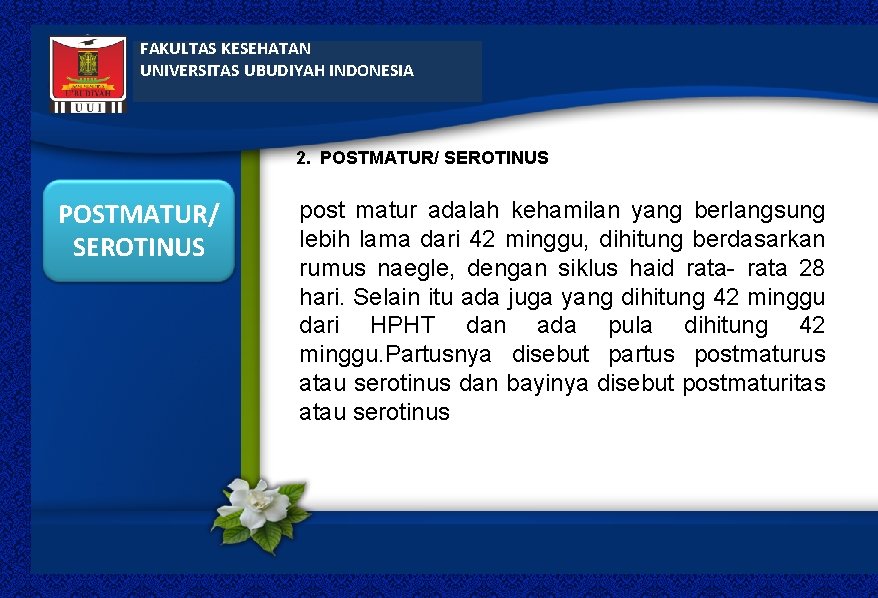 FAKULTAS KESEHATAN UNIVERSITAS UBUDIYAH INDONESIA 2. POSTMATUR/ SEROTINUS post matur adalah kehamilan yang berlangsung