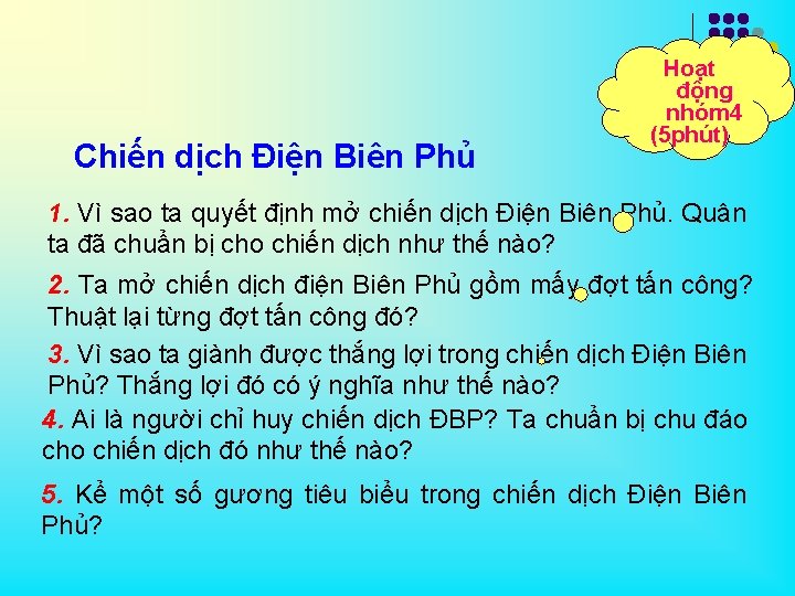 Chiến dịch Điện Biên Phủ Hoạt động nhóm 4 (5 phút) 1. Vì sao