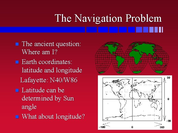 The Navigation Problem The ancient question: Where am I? n Earth coordinates: latitude and