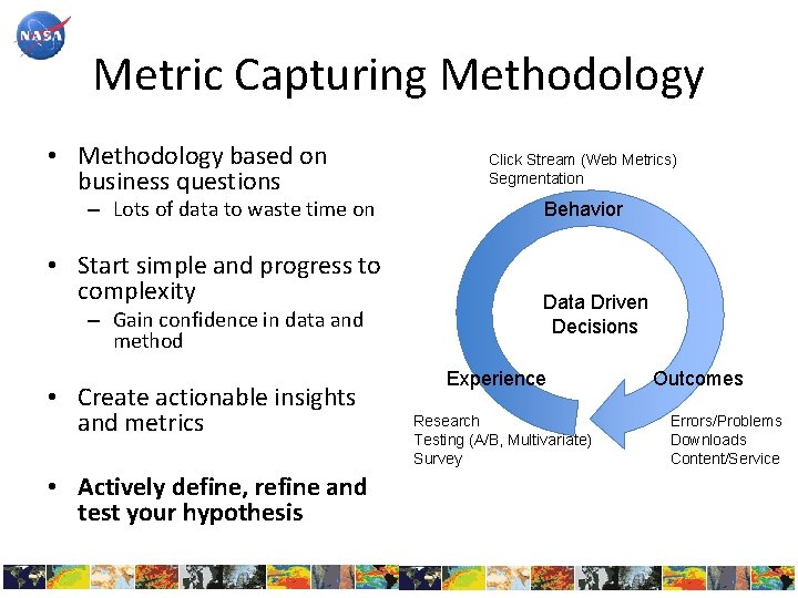Metric Capturing Methodology • Methodology based on business questions – Lots of data to