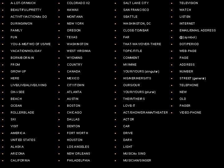  A-LOT-OF/MUCH COLORADO X 2 SALT LAKE CITY TELEVISION BEAUTIFUL/PRETTY HAWAII SAN FRANCISCO WATCH