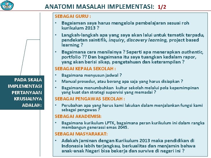 ANATOMI MASALAH IMPLEMENTASI: 1/2 SEBAGAI GURU : • Bagaiaman saya harus mengelola pembelajaran sesuai