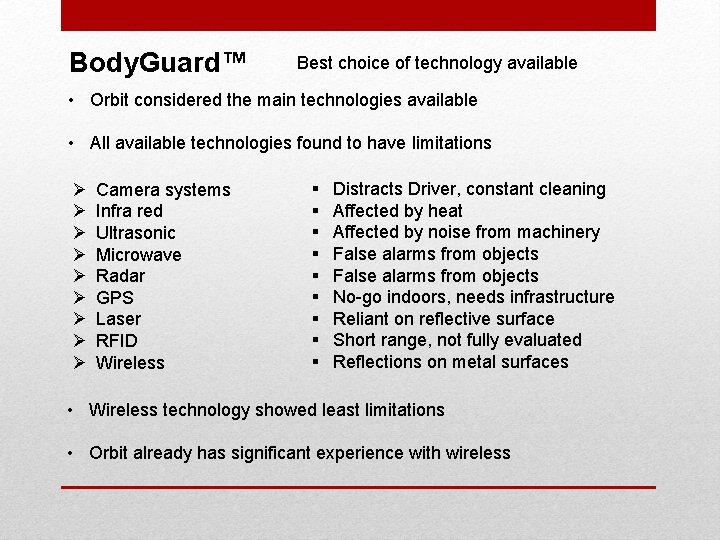 Body. Guard™ Best choice of technology available • Orbit considered the main technologies available