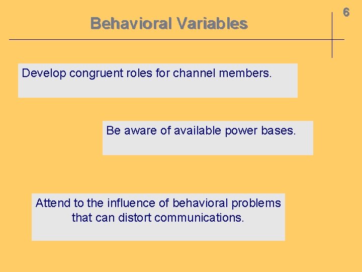 Behavioral Variables Develop congruent roles for channel members. Be aware of available power bases.