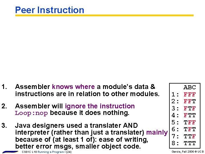Peer Instruction 1. 2. 3. Assembler knows where a module’s data & instructions are
