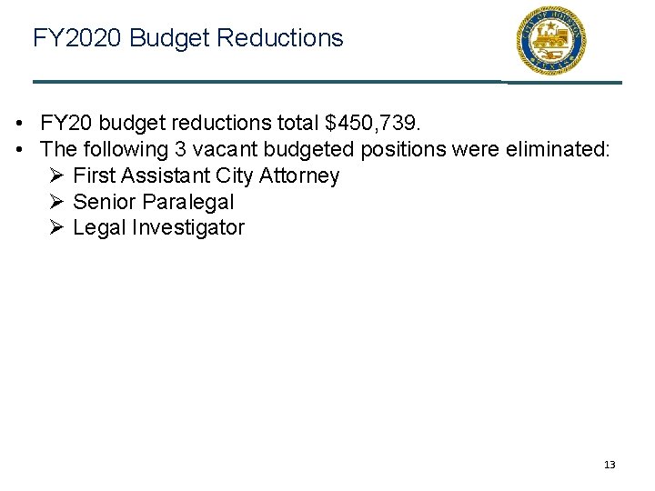 FY 2020 Budget Reductions • FY 20 budget reductions total $450, 739. • The