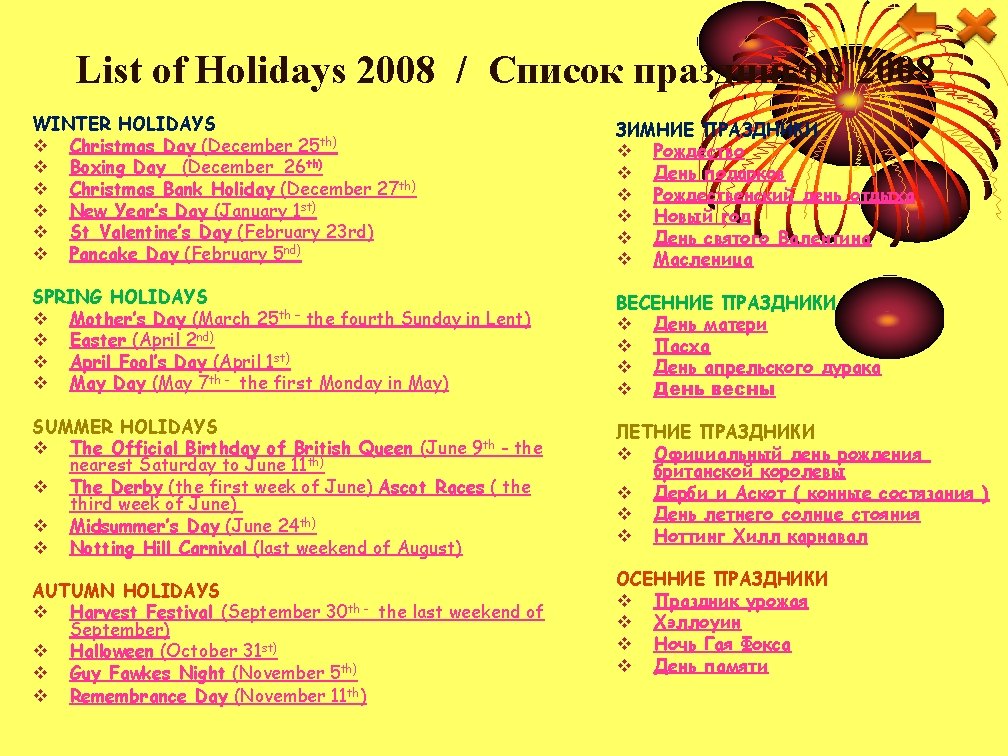 List of Holidays 2008 / Список праздников 2008 WINTER HOLIDAYS v Christmas Day (December