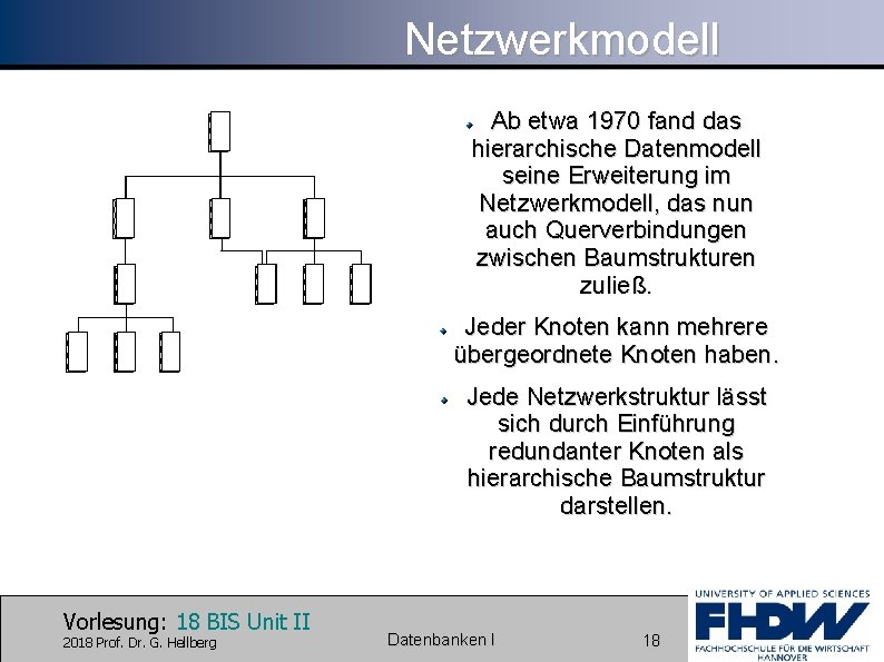Netzwerkmodell Ab etwa 1970 fand das hierarchische Datenmodell seine Erweiterung im Netzwerkmodell, das nun