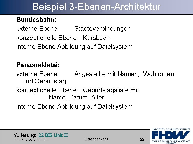 Beispiel 3 -Ebenen-Architektur Bundesbahn: externe Ebene Städteverbindungen konzeptionelle Ebene Kursbuch interne Ebene Abbildung auf