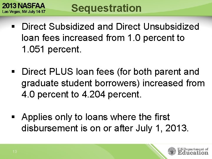 Sequestration § Direct Subsidized and Direct Unsubsidized loan fees increased from 1. 0 percent