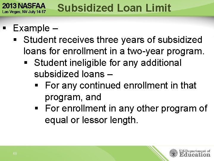 Subsidized Loan Limit § Example – § Student receives three years of subsidized loans