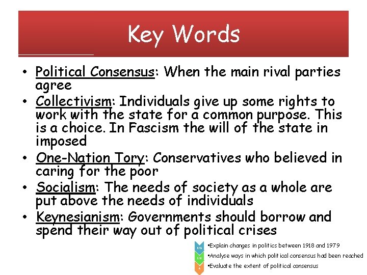 Key Words • Political Consensus: When the main rival parties agree • Collectivism: Individuals