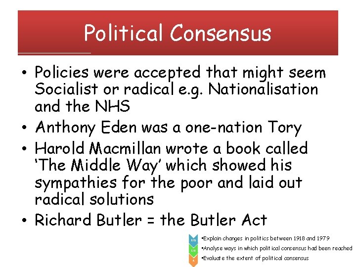 Political Consensus • Policies were accepted that might seem Socialist or radical e. g.
