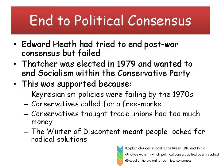 End to Political Consensus • Edward Heath had tried to end post-war consensus but