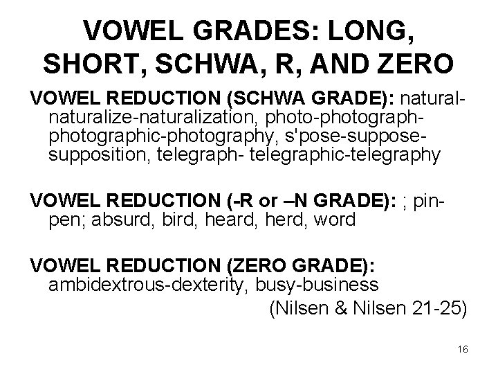 VOWEL GRADES: LONG, SHORT, SCHWA, R, AND ZERO VOWEL REDUCTION (SCHWA GRADE): naturalize-naturalization, photo-photographic-photography,