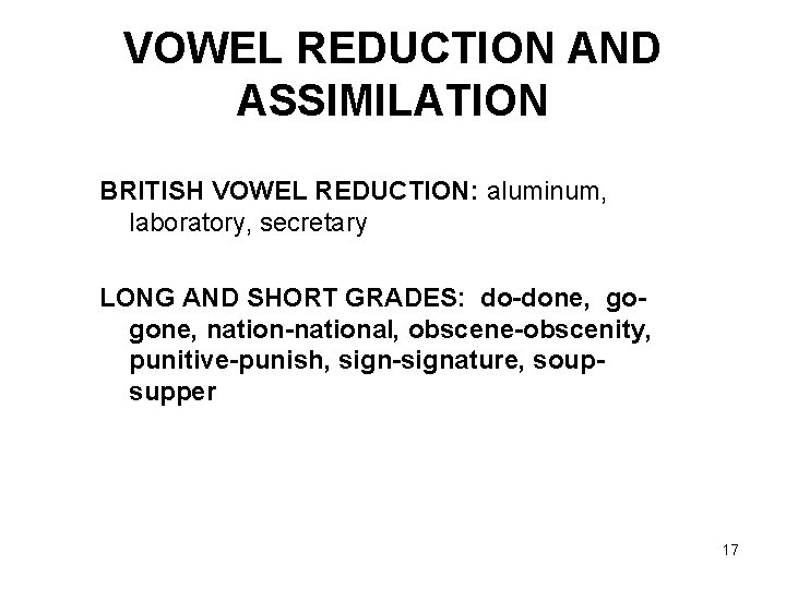 VOWEL REDUCTION AND ASSIMILATION BRITISH VOWEL REDUCTION: aluminum, laboratory, secretary LONG AND SHORT GRADES: